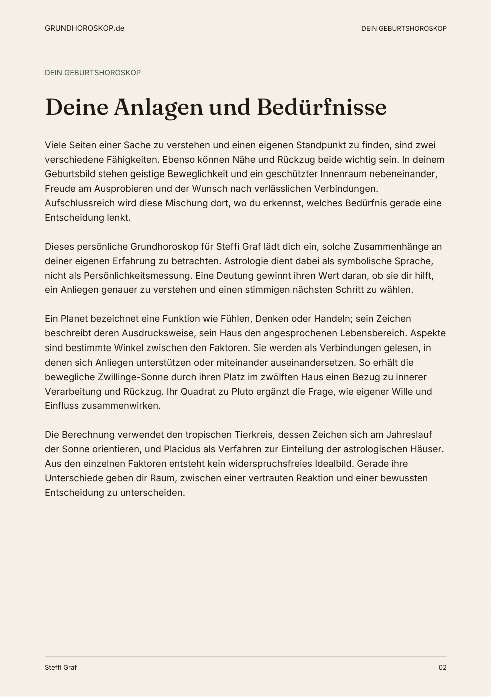 Originalseite 2 der Steffi-Graf-Beispielauswertung: Deine Anlagen und Bedürfnisse