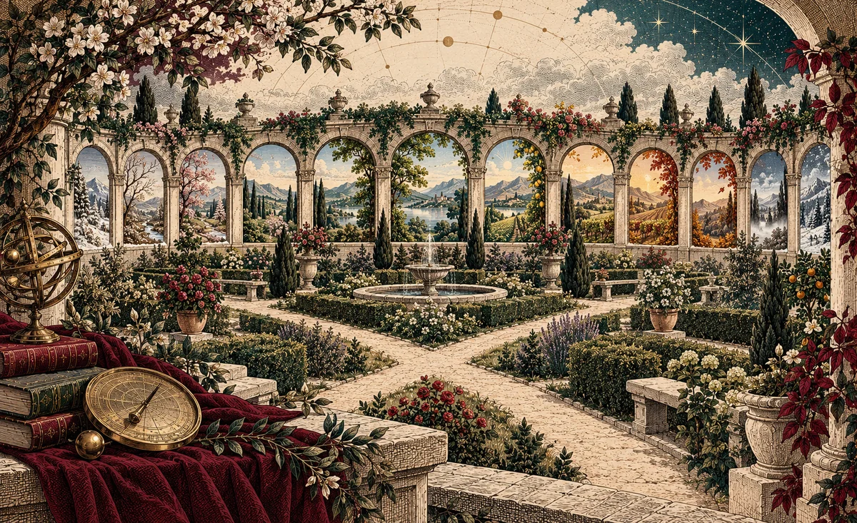 Garten mit vielen Bogenfenstern und wechselnden Ansichten für Begegnungen