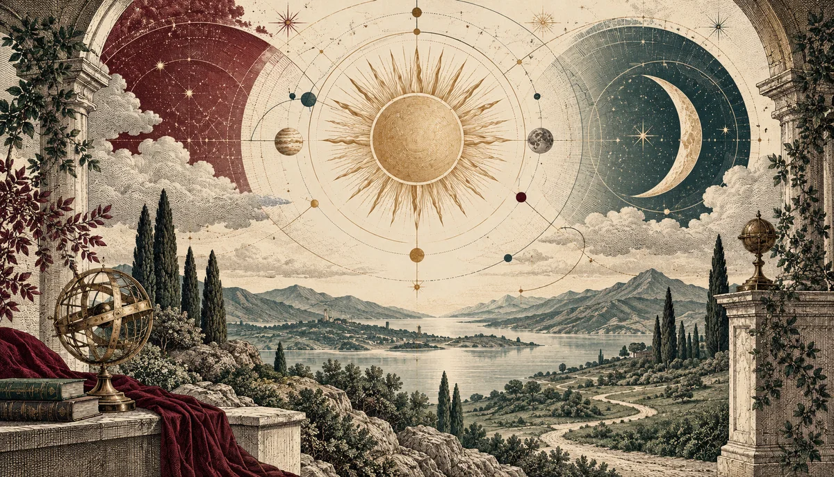 Gravierte Sternwarte mit Sonne, Mond und einem offenen Weg durch die Landschaft