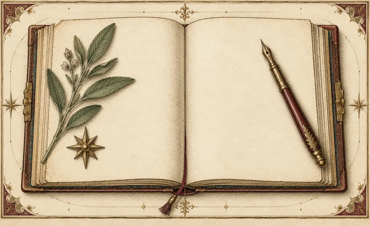 Leeres Journal mit Stift und Salbeizweig auf graviertem Papier